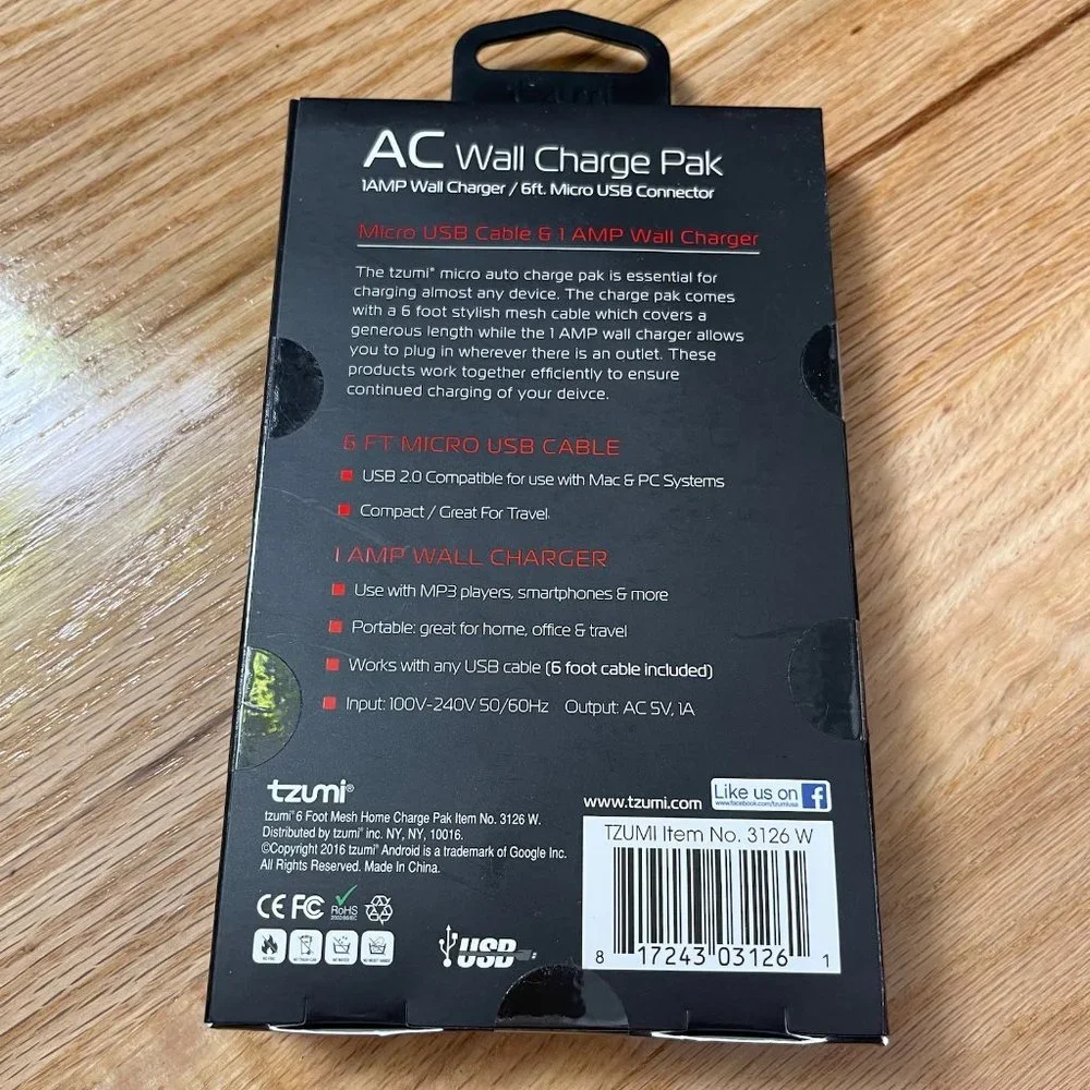Tzumi AC Wall Charge Pak with 6 foot Micro USB cable